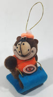 Vintage A&W Root Beer Bear Riding a Blue Toboggan 3 3/4" Tall Plush Stuffed Character Hanging Christmas Tree Ornament