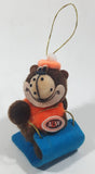 Vintage A&W Root Beer Bear Riding a Blue Toboggan 3 3/4" Tall Plush Stuffed Character Hanging Christmas Tree Ornament