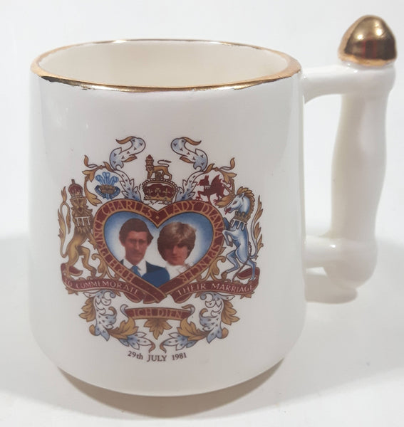 Vintage 1981 July 29th HRH Prince Charles and Lady Diana Spencer To Commemorate Their Marriage Ich Dien 3 1/2" Tall Ceramic Coffee Mug Cup