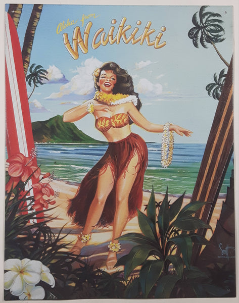Aloha From Waikiki Hula Girl 12" x 16" Tin Metal Sign