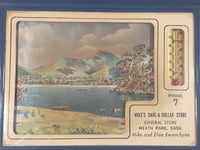 Vintage Mike's Save-A-Dollar Store General Store Meath Park Saskatchewan Mike and Elsie Ewanchyna Copper, Gold, Silver Foil Themed Lake Picture 6 1/2" x 8 1/2" Plastic Framed Advertising Thermometer