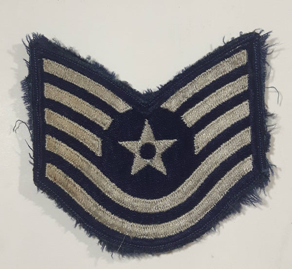Vintage U.S. Air Force Technical Sergeant Grey Thread on Dark Blue 3 3/4" x 4" Fabric Patch Badge Insignia