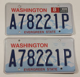 2003 Washington "Evergreen State" in Red on White and Blue Mountain Backdrop with Blue Letters Vehicle License Plate A78221P Matching Set of 2