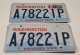 2003 Washington "Evergreen State" in Red on White and Blue Mountain Backdrop with Blue Letters Vehicle License Plate A78221P Matching Set of 2