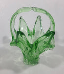 Vintage Flowering Basket Ornate Curved Touching Handles 5 3/4" Tall Bright Green Art Glass Footed Candy Dish