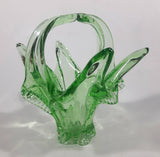 Vintage Flowering Basket Ornate Curved Touching Handles 5 3/4" Tall Bright Green Art Glass Footed Candy Dish