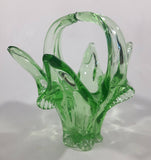 Vintage Flowering Basket Ornate Curved Touching Handles 5 3/4" Tall Bright Green Art Glass Footed Candy Dish