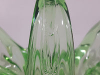 Vintage Flowering Basket Ornate Curved Touching Handles 5 3/4" Tall Bright Green Art Glass Footed Candy Dish