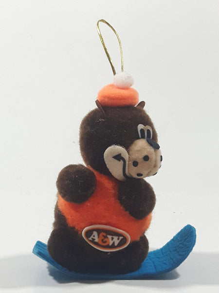 Vintage A&W Root Beer Bear Snowboarding 4" Tall Plush Stuffed Character Hanging Christmas Tree Ornament