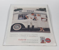 Vintage 1957 September 28th Gulf Pride The World's Finest Motor Oil Woman in White Talking to Man Next to White Studebaker 10 1/2" x 13 5/8" Print Ad