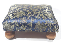 Antique Ottoman Empire Dark Royal Blue Chinese Coin Ornate Pattern Small Low Studded Footstool with Bulb Feet