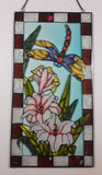 Beautifully Designed Dragonfly with Pink Flowers 8 1/4" x 16" Metal Framed Stained Painted Glass Window Pane Sun Catcher