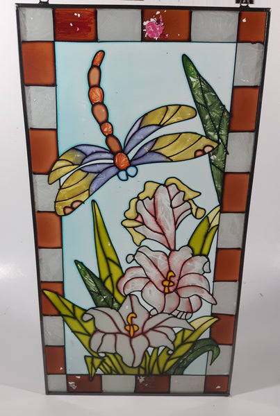 Beautifully Designed Dragonfly with Pink Flowers 8 1/4" x 16" Metal Framed Stained Painted Glass Window Pane Sun Catcher