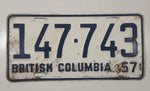 Vintage 1957 British Columbia White with Dark Blue Letters Vehicle License Plate Tag 147 743