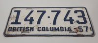 Vintage 1957 British Columbia White with Dark Blue Letters Vehicle License Plate Tag 147 743