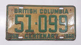 Vintage 1858 1958 Centenary British Columbia Gold with Green Letters Vehicle License Plate Tag 51 099