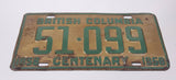 Vintage 1858 1958 Centenary British Columbia Gold with Green Letters Vehicle License Plate Tag 51 099
