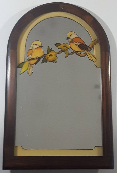 Vintage Orange and Yellow Bird Themed Stained Painted Glass 13 3/4" x 21 3/4" Arched Wood Framed Glass Wall Mirror
