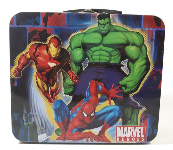 2010 Marvel Heroes The Incredible Hulk Iron Man Spider-Man Black Tin Metal Lunch Box