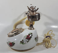 Vintage Style French La Belle Red and White Rose Flower Decor Brass and White Porcelain Rotary Telephone