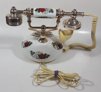 Vintage Style French La Belle Red and White Rose Flower Decor Brass and White Porcelain Rotary Telephone