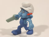 2011 Peyo "Carpenter" Smurf Holding a Saw with a Pencil in His Ear PVC Toy Figure McDonald's Happy Meal