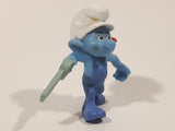 2011 Peyo "Carpenter" Smurf Holding a Saw with a Pencil in His Ear PVC Toy Figure McDonald's Happy Meal