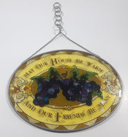 Rare Hard to Find Hand Painted "May Our House Be Warm And Our Friends Be Many" 6 1/2" x 9" Oval Shaped Stained Window Glass Sun Catcher