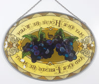 Rare Hard to Find Hand Painted "May Our House Be Warm And Our Friends Be Many" 6 1/2" x 9" Oval Shaped Stained Window Glass Sun Catcher
