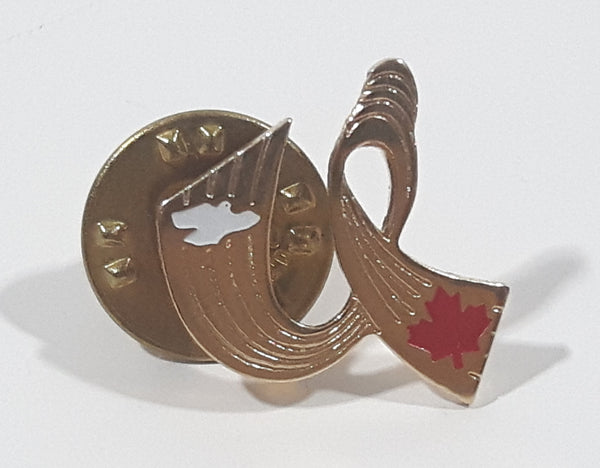 FISU International University Sports Federation Dove and Red Canadian Maple Leaf on Gold Tone Ribbon Enamel Metal Lapel Pin
