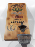 Mancave Bandidos Hideout Enjoy A Cerveza Sombrero Guns Horse Shoe Themed Wood Plaque Wall Mount Beer Bottle Opener with Metal Catch Basket