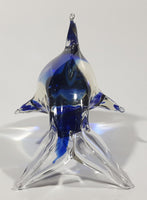 Art Glass Clear and Cobalt Blue Dolphin Sculpture Ornament 5" Long
