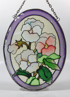 Hand Painted White Pink Flowers Themed Purple Border 6" x 8" Oval Shaped Stained Window Glass Sun Catcher