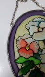 Hand Painted White Pink Flowers Themed Purple Border 6" x 8" Oval Shaped Stained Window Glass Sun Catcher