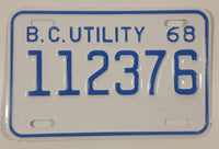 Vintage 1968 British Columbia B.C. Utility Trailer White with Blue Letters Vehicle License Plate 112376