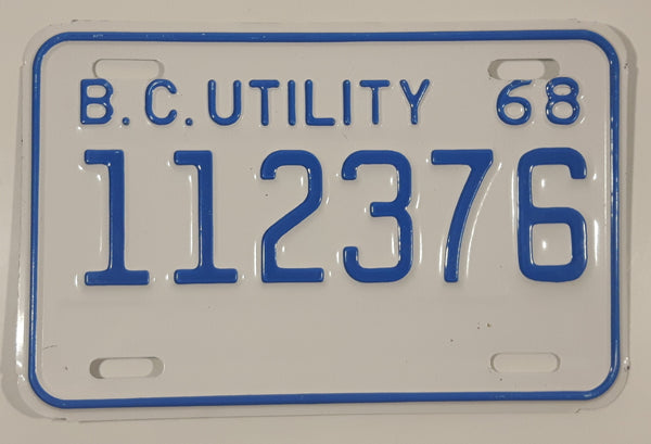Vintage 1968 British Columbia B.C. Utility Trailer White with Blue Letters Vehicle License Plate 112376