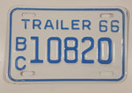 Vintage 1966 British Columbia B.C. Utility Trailer White with Blue Letters Vehicle License Plate 10820