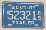 Vintage 1965 British Columbia B.C. Utility Trailer White with Blue Letters Vehicle License Plate 52321