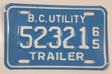 Vintage 1965 British Columbia B.C. Utility Trailer White with Blue Letters Vehicle License Plate 52321