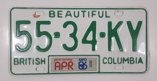 Vintage 1986 British Columbia Expo 86 White with Green Letters Vehicle License Plate 55 34 KY