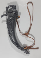 Vintage Denix Spain Antique Reproduction Horn Shaped Embossed Eagle Pewter Metal Rifle Gun Powder Flask Bottle