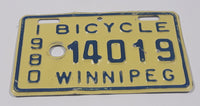 Vintage 1980 Winnipeg Manitoba Blue Letters Yellow Bicycle License Plate Tag 14019