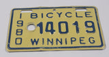 Vintage 1980 Winnipeg Manitoba Blue Letters Yellow Bicycle License Plate Tag 14019