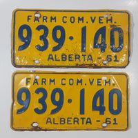 Matching Set of 2 Vintage 1961 Alberta Farm Com. Vehicle Farm Truck Commercial Vehicle Blue Letters Yellow Vehicle License Plate Tag 939 140