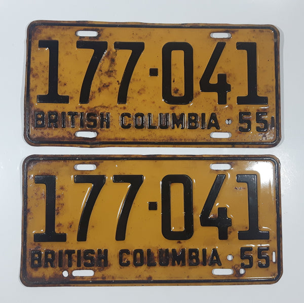 Matching Set of 2 Vintage 1955 British Columbia Black Letters Yellow Vehicle License Plate Tag 177 041