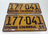 Matching Set of 2 Vintage 1955 British Columbia Black Letters Yellow Vehicle License Plate Tag 177 041
