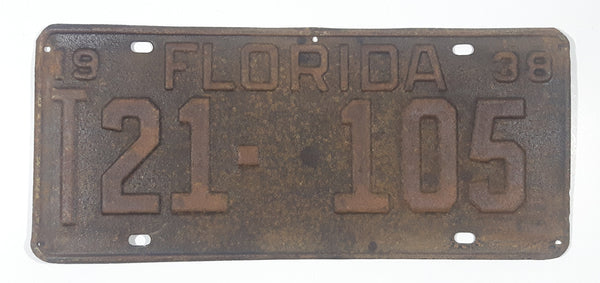 Vintage 1938 Florida Vehicle License Plate Tag T21 105