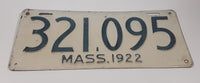 Vintage 1922 Massachusetts Blue Letters White Vehicle License Plate Tag 321 095
