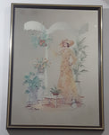 Vintage Stamford Art Lady in Yellow Dress in Garden with a Greyhound Picture 13 1/4" x 17 1/4" Glass Mirror Wall Hanging