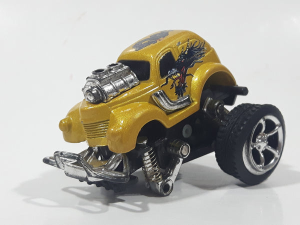 New Ray Monster Truck Gold with Dragons Pull Back Action Die Cast Toy Car Vehicle Missing Front Wheels